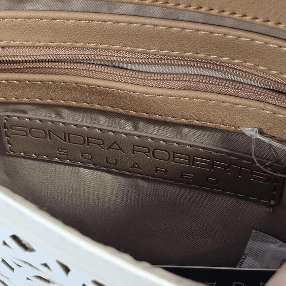 Sondra Roberts Squared Handbag Diagonal Open Cut White on Beige Chain and Snap - Picture 12 of 12